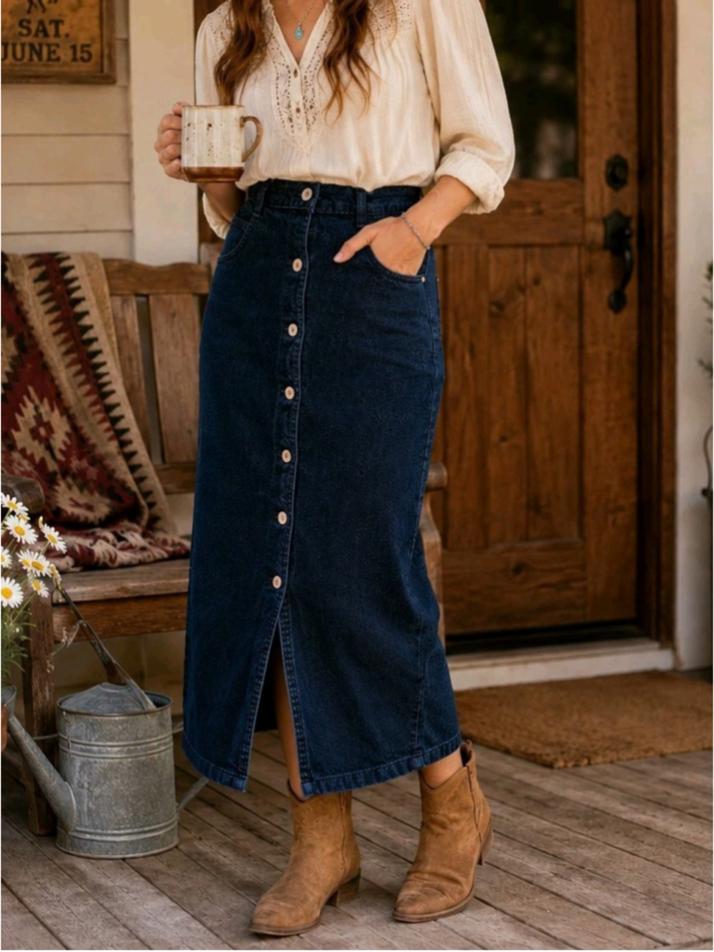 Action West Vintage Denim Full Button Front Midi Skirt Dark Wash USA Made Sz 11